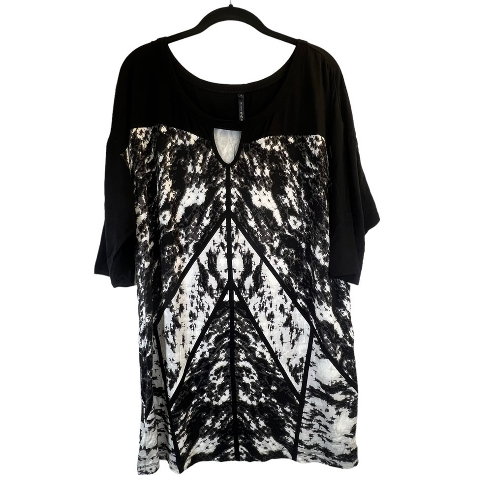 Michel Studio Women's Top 1X Black White Tunic 3/4 Length Sleeves